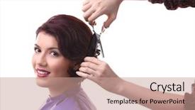  Presentation with haircut - Colorful slide set enhanced with hairdresser making beautiful haircut to woman on white background backdrop and a coral colored foreground