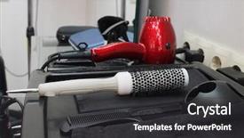  Presentation with hair salon - Audience pleasing slide deck consisting of hairdresser tools in hair salon backdrop and a dark gray colored foreground