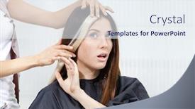  Presentation with hair salon - Amazing presentation design having hairdresser tries lock of dyed blond hair on the client sitting on the chair in the hairdress salon backdrop and a sky blue colored foreground