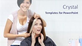  Presentation with hairdressing salon - PPT layouts with hairdresser tries lock of dyed blond hair on the client sitting on the chair in the hairdressing salon background and a sky blue colored foreground