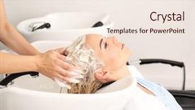  Presentation with hair salon scissors in black - Beautiful PPT theme featuring hairdresser washing woman's hair backdrop and a sky blue colored foreground