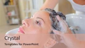  Presentation with hair tools and hairdressing concept - Colorful slide set enhanced with hairdresser washing a woman's hair backdrop and a coral colored foreground