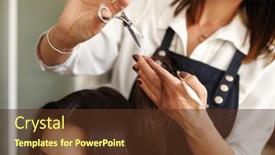  Presentation with hair - Theme featuring hairdresser-with-scissors-cuts-woman background and a tawny brown colored foreground