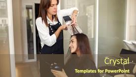  Presentation with hair - Presentation theme with hairdresser-works-with-female-customer background and a tawny brown colored foreground