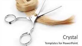  Presentation with hair tools and hairdressing concept - Slides featuring hairdresser's scissors with strand background and a white colored foreground