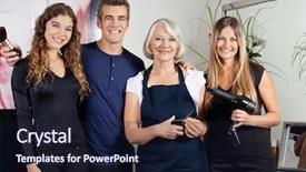  Presentation with beauty salon men - Amazing PPT theme having hairdressers standing together at salon backdrop and a wine colored foreground