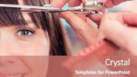  Presentation with hair tools and hairdressing concept - Presentation theme having hairdressing - hairdresser cutting woman bangs hair background and a coral colored foreground