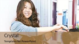  Presentation with hair salon - Presentation design having hairdressing business - happy hairstylist cutting hair background and a  colored foreground