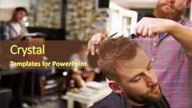  Presentation with barber shop - Colorful presentation design enhanced with hairdressing business - male barber giving client haircut backdrop and a tawny brown colored foreground