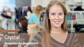  Presentation with portrait of excited overjoyed female - Cool new presentation design with hairdressing business - portrait of young female hairdresser backdrop and a  colored foreground