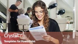  Presentation with mobile salon - Slide deck consisting of hairdressing business - young woman holding mobile phone background and a red colored foreground