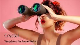  Presentation with pretty girl - PPT theme enhanced with haired girl looks through binoculars background and a coral colored foreground