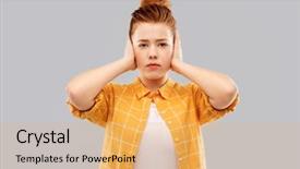  Presentation with red grey - Presentation design consisting of haired teenage girl in checker background and a yellow colored foreground