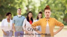  Presentation with teenage girl - Presentation design consisting of haired teenage girl in checkered background and a coral colored foreground