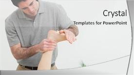  Presentation with stretching - PPT layouts enhanced with haired therapist stretching the foot background and a white colored foreground
