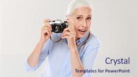  Presentation with grey - Amazing theme having haired woman holding retro camera backdrop and a  colored foreground