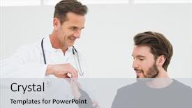  Presentation with one young man exercising handball - Audience pleasing presentation design consisting of hairing impaired - male physiotherapist examining a young backdrop and a light gray colored foreground