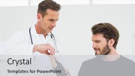  Presentation with one young man exercising handball - Presentation enhanced with hairing impaired - male physiotherapist examining a young background and a  colored foreground