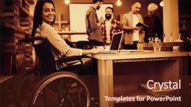  Presentation with electrical disabled vehicles - Presentation theme enhanced with hairing impaired - portrait of confident disabled businesswoman background and a tawny brown colored foreground