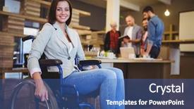  Presentation with desk - Presentation enhanced with hairing impaired - portrait of confident disabled businesswoman background and a ocean colored foreground