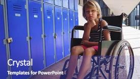  Presentation with wheelchair - Amazing theme having hairing impaired - portrait of schoolboy sitting backdrop and a royal blue colored foreground