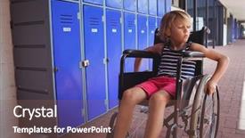  Presentation with wheelchair - PPT layouts with hairing impaired - thoughtful student sitting on wheelchair background and a  colored foreground