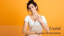  Presentation with modern eye glasses on yellow - Presentation theme enhanced with hairstyle hugging modern silver computer background and a  colored foreground