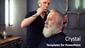  Presentation with beauty salon men - Beautiful presentation theme featuring hairstylist making men's haircut backdrop and a wine colored foreground