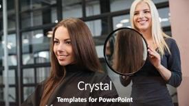  Presentation with women making - Presentation design featuring hairstylist making women's haircut to an attractive woman in the beauty salon background and a wine colored foreground