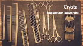  Presentation with barber - Presentation theme enhanced with hairstylist's accessories in barber shop background and a tawny brown colored foreground