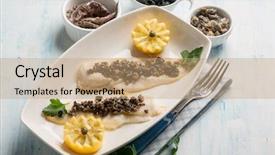  Presentation with fish - Audience pleasing slides consisting of haking - fish fillet with black olives backdrop and a coral colored foreground