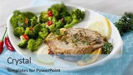  Presentation with focus - Beautiful PPT theme featuring haking - mackerel with steamed broccoli selective backdrop and a light blue colored foreground