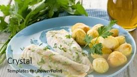  Presentation with dim sum shumai steamed - Colorful presentation enhanced with haking - steamed cod with parsley backdrop and a coral colored foreground