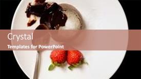  Presentation with chocolate strawberry - Beautiful PPT theme featuring half eaten chocolate dessert with strawberry backdrop and a coral colored foreground