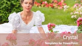  Presentation with beds - Slides featuring half length portrait of beautiful woman in white dress in summer park sitting on grass among flower beds background and a coral colored foreground