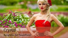  Presentation with beds - Colorful slide deck enhanced with half length portrait of beautiful woman in red dress in summer park on background of flower beds and vases with flowers backdrop and a red colored foreground