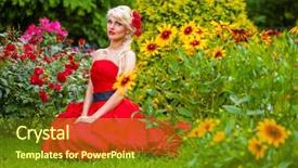  Presentation with beds - Colorful slide deck enhanced with half length portrait of beautiful woman in red dress in summer park sitting on grass among flower beds backdrop and a tawny brown colored foreground