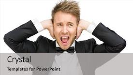  Presentation with noise - Slide set consisting of half-length portrait of businessman closes his ears and screams isolated on white concept of noise and stress background and a light gray colored foreground