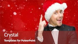  Presentation with attention - PPT theme with half-length portrait of businessman wearing santa claus cap who attention gestures isolated on white concept of holidays and christmas background and a red colored foreground
