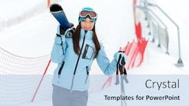  Presentation with sports - Beautiful theme featuring half-length portrait of female wearing sports jacket and goggles who holds skis backdrop and a light blue colored foreground