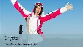  Presentation with winter sports - Cool new PPT layouts with half-length portrait of female skier with hands up concept of winter sports and cute entertainment backdrop and a light blue colored foreground