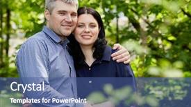  Presentation with dark grey - Slides consisting of half-length portrait of grey-haired man and dark-haired wooman standing embraced in summer park background and a ocean colored foreground