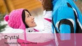  Presentation with holidays - Audience pleasing presentation theme consisting of half-length portrait of hugging couple looking at each other who wears warm caps and jackets during winter holidays backdrop and a coral colored foreground