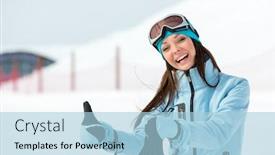  Presentation with winter sports - Slides with half-length portrait of woman who goes skiing and wears goggles and sports jacket for winter sports background and a light blue colored foreground