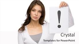  Presentation with problem solution - Colorful presentation design enhanced with half-length portrait of woman keeping exclamatory mark isolated on white concept of problem and solution backdrop and a sky blue colored foreground