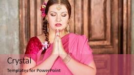  Presentation with full length portrait two men women brown sweater - Amazing slides having half-length portrait of woman in pink dress prays clasping hands with her eyes closed backdrop and a coral colored foreground