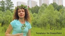  Presentation with clover - Theme enhanced with half length portrait of young woman with wreath of flowers urban wooded area near apartment complex holding clover background and a gold colored foreground