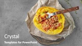  Presentation with wooden boat at sea edge - Slide deck with half of stuffed spaghetti squash background and a gray colored foreground