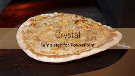  Presentation with commercial - Beautiful presentation theme featuring half-ready pizza with porcini mushrooms taken out of oven commercial kitchen backdrop and a coral colored foreground