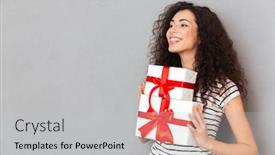  Presentation with red grey - Beautiful PPT theme featuring half-turned photo of gorgeous female in striped t-shirt holding two gift-wrapped boxes with red bows being excited and joyous over grey wall backdrop and a light gray colored foreground